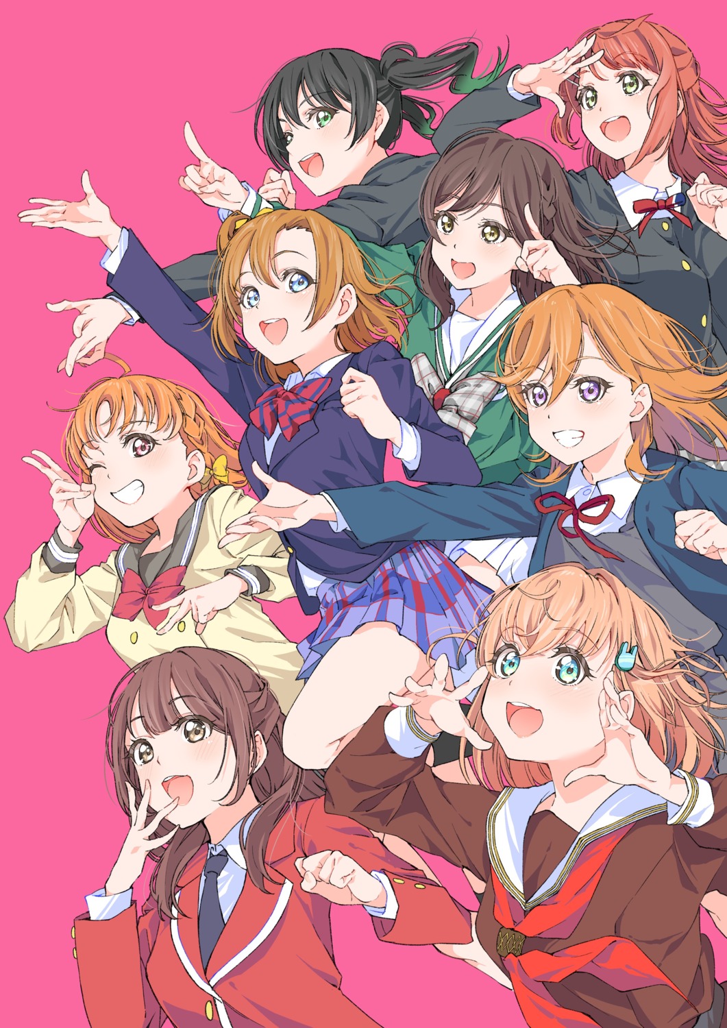 crossover, hinoshita_kaho, kousaka_honoka, love_live!, love_live!_(series), love_live!_hasu_no_sora_jogakuin_school_idol_club, love_live!_nijigasaki_gakuen_school_idol_doukoukai, love_live!_sunshine!!, love_live!_superstar!!, ninagawa_jin, school_idol_musical, seifuku, shibuya_kanon, takami_chika, takasaki_yuu, takizawa_anzu, tsubaki_rurika, uehara_ayumu