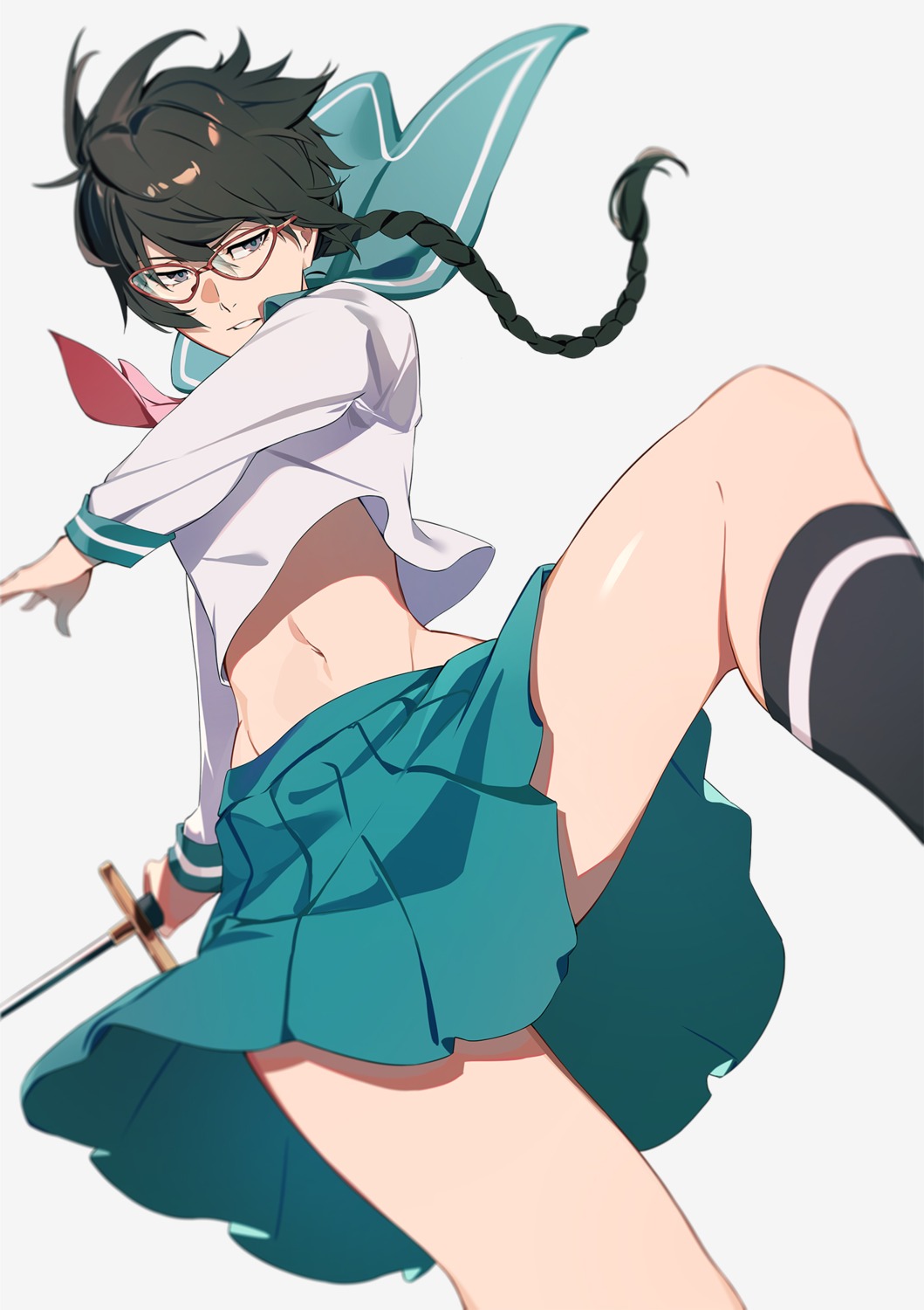 bleach, ibaraki_shun, megane, seifuku, skirt_lift, sword, yadoumaru_risa
