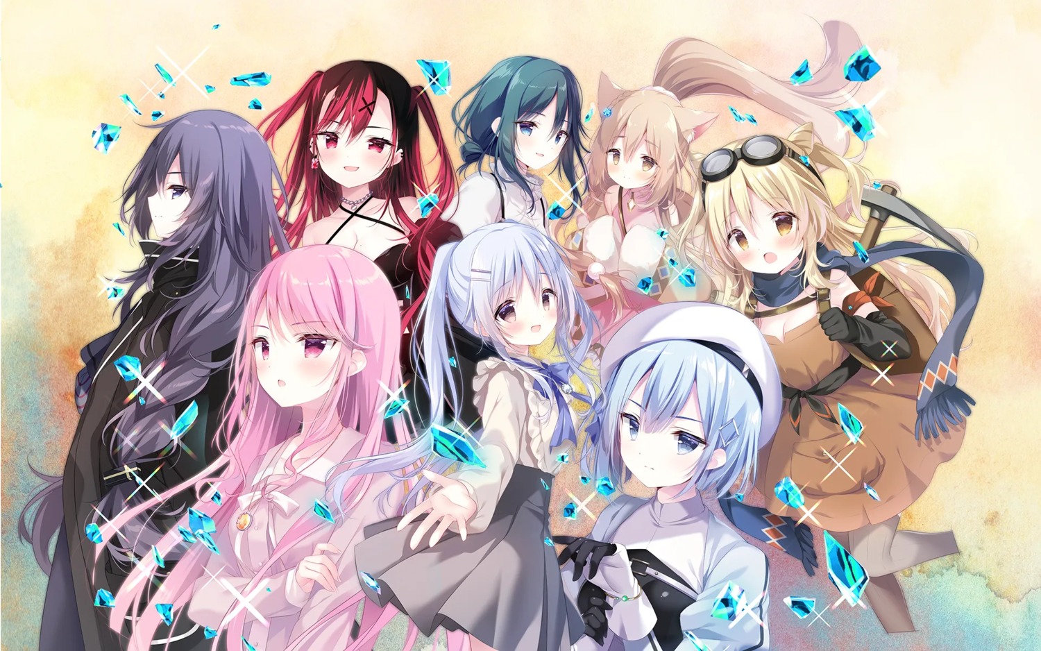 animal_ears, arianna_heartbell, berka_triade, cabbage_soft, carla_sylvia_quinburn, carolina_mclachlan, cleavage, dress, fabiola_prilipco, jewelry_knights_arcadia_-the_ends_of_the_world-, mare_ashley-pecker, milia_meulendolff, nekomimi, ruby_(jewelry_hearts_academia), shiratama, thighhighs, wallpaper