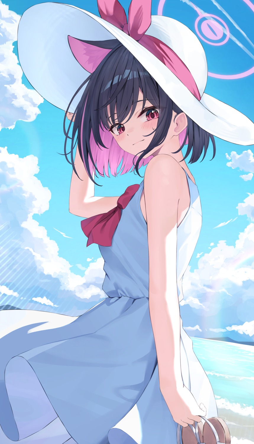 animal_ears, blue_archive, dress, halo, kurone_(kurone_ryuo), kyouyama_kazusa, nekomimi, skirt_lift, summer_dress