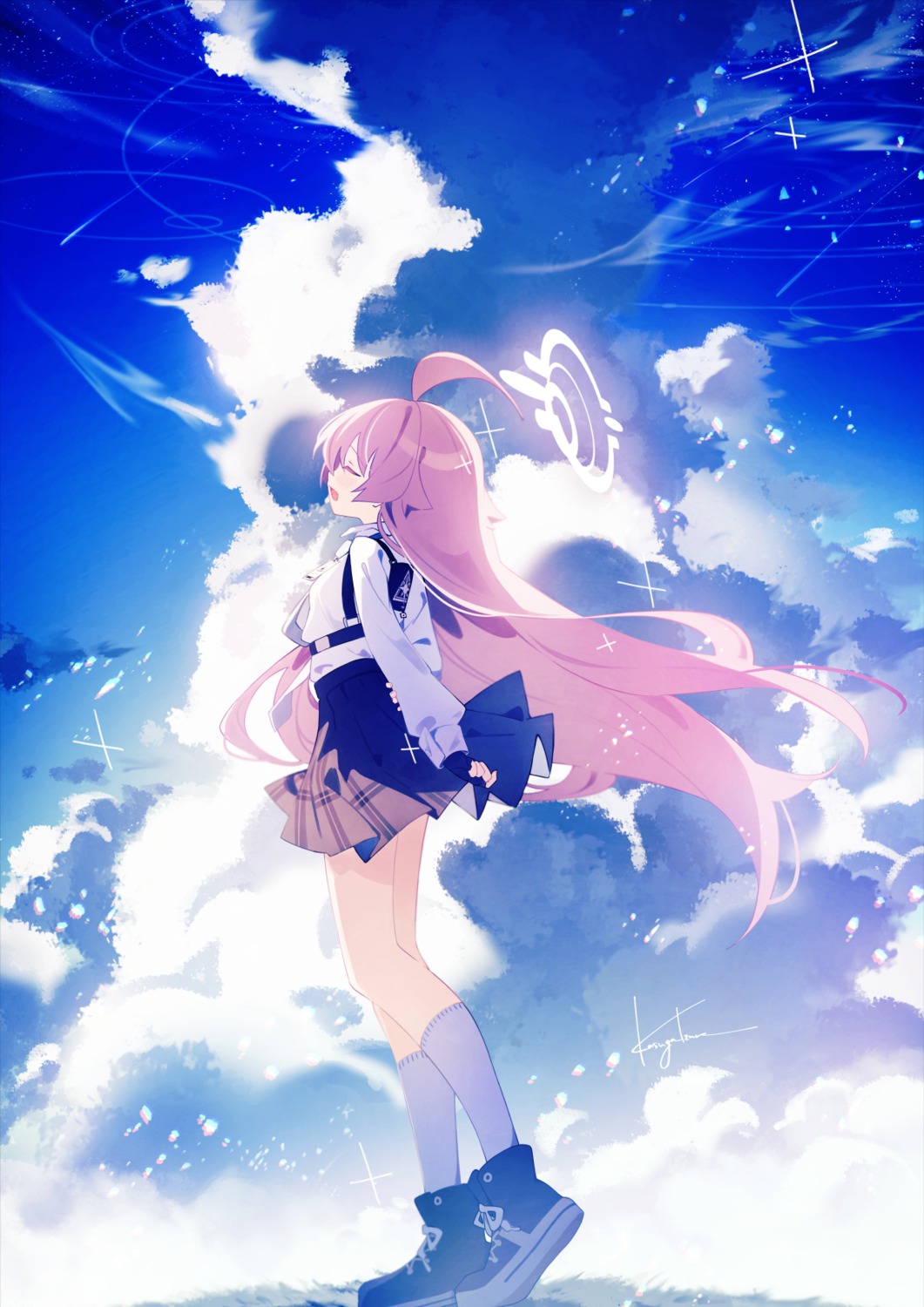blue_archive, halo, kasuga_izure, seifuku, skirt_lift, takanashi_hoshino