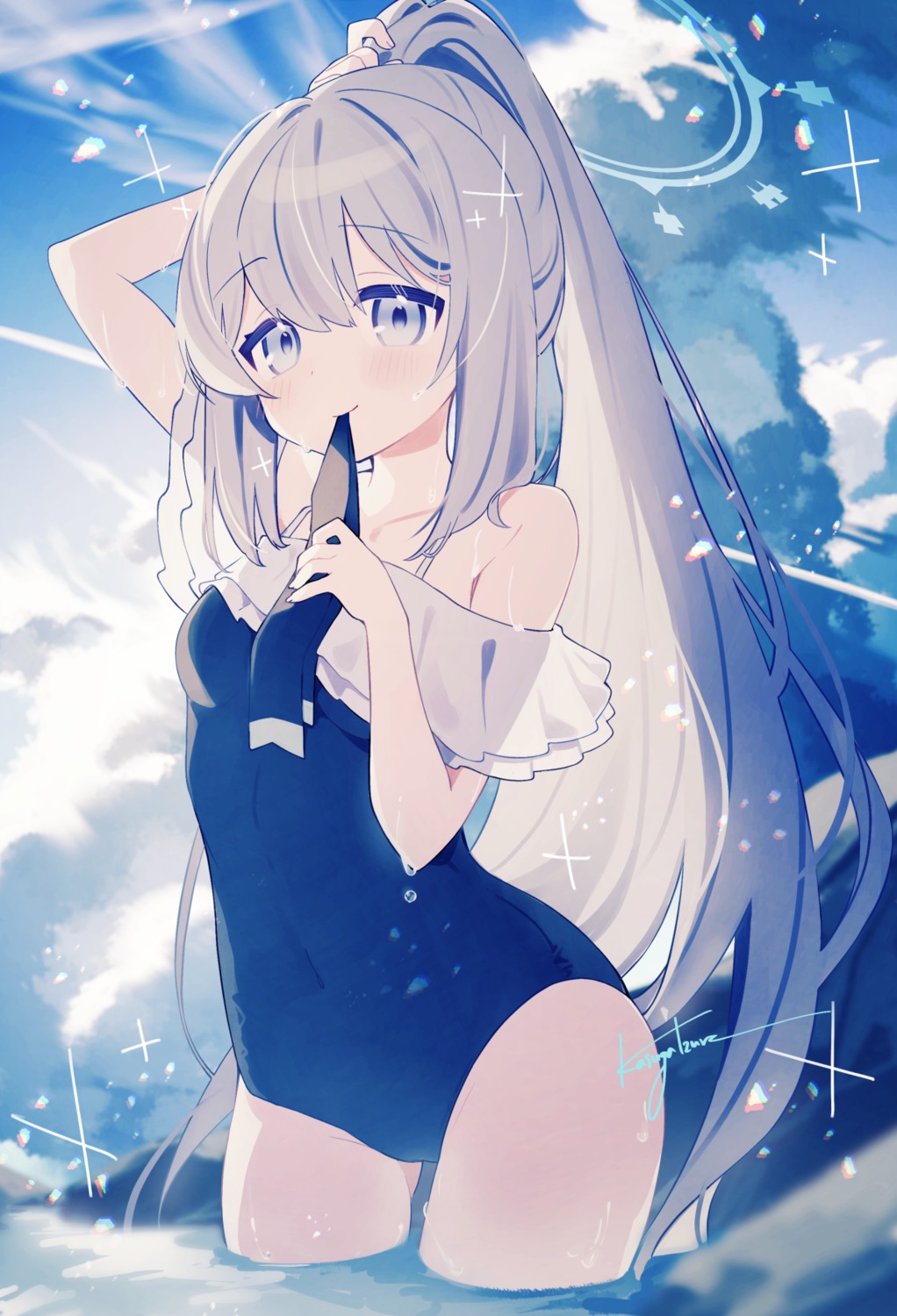 blue_archive, halo, kasuga_izure, see_through, swimsuits, tsukiyuki_miyako, wet