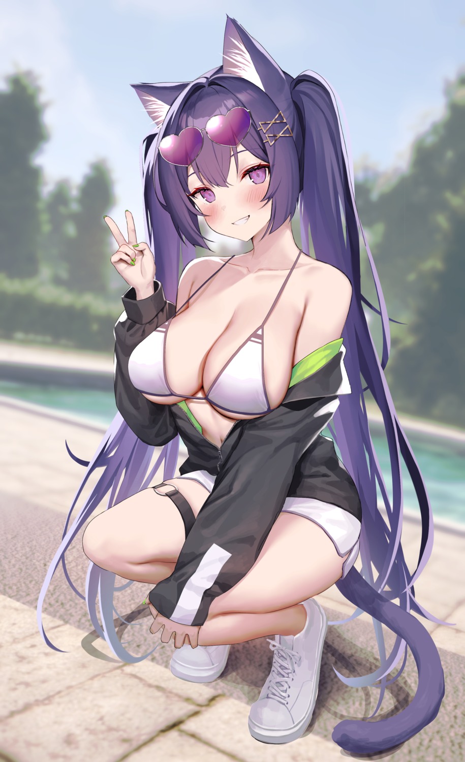 animal_ears, bikini_top, garter, megane, mintice, nekomimi, open_shirt, swimsuits, tail