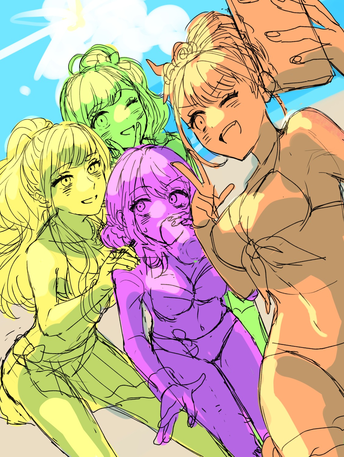 bikini, d4dj, hidaka_saori, matsuyama_dalia, mizushima_marika, selfie, seto_rika, sketch