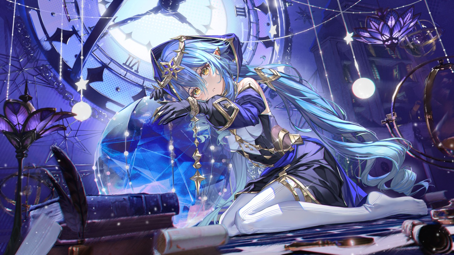 al_guang, garter, genshin_impact, layla_(genshin_impact), pantyhose, pointy_ears, wallpaper