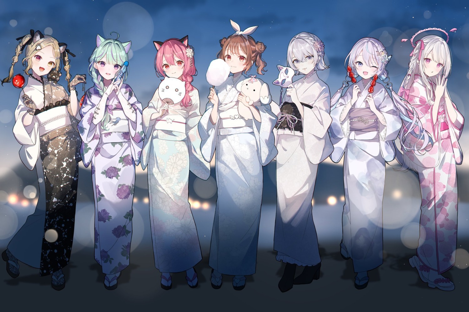 animal_ears, fffafa_daifuku, halo, heterochromia, hinata_lima, hoshimiya_choco, indie_virtual_youtuber, kagamia_shukuri, kamiya_neco, kozima_mera, kyui_yona, nekomimi, tsukigami_china, vlash, wings, yukata