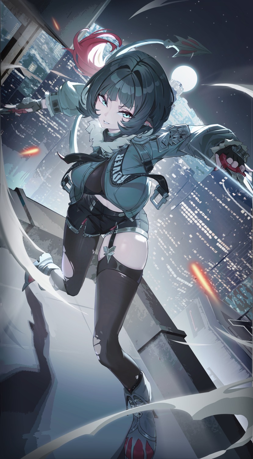 animal_ears, jane_doe, stockings, tail, thighhighs, torn_clothes, weapon, yuyiosang, zenless_zone_zero