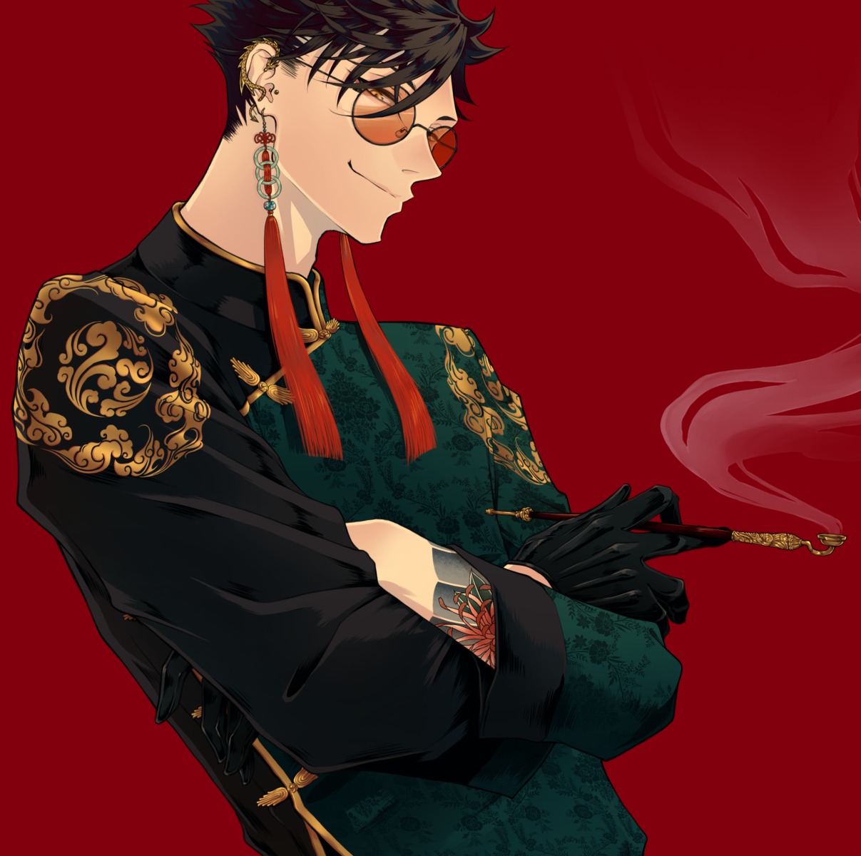 asian_clothes, haikyuu!!, kamitasu818, kuroo_tetsurou, male, megane, smoking, tattoo