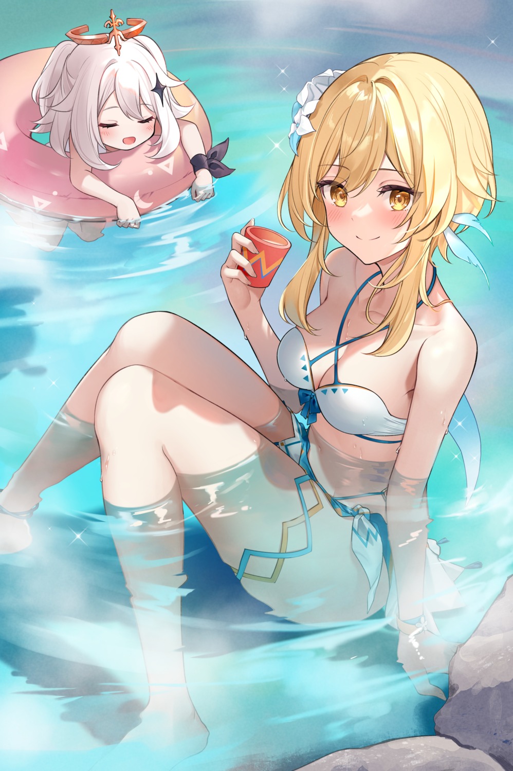 bikini, garter, genshin_impact, kisaragi_yuri, lumine, onsen, paimon, swimsuits