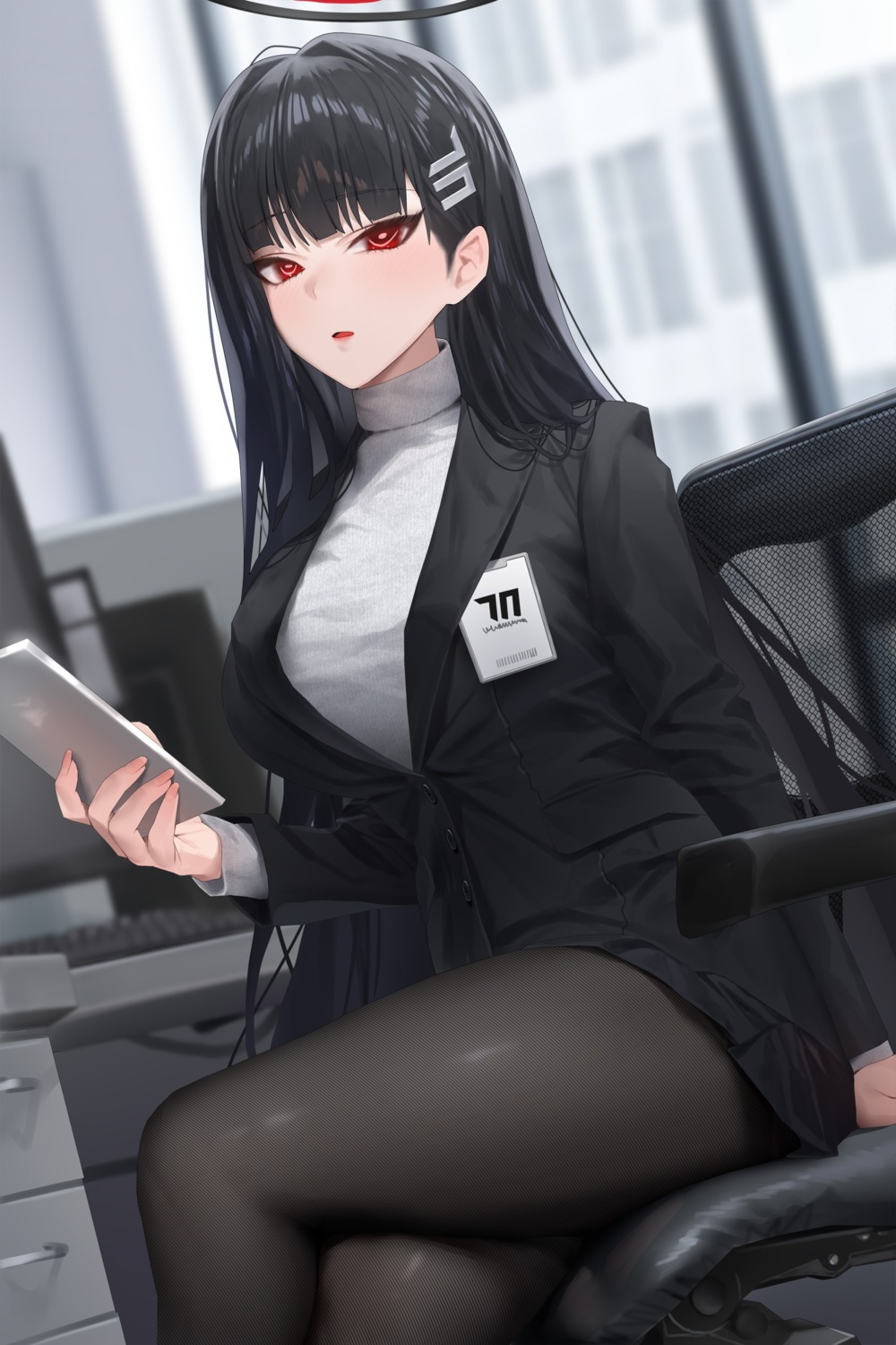 blue_archive, business_suit, halo, pantyhose, ruhee, skirt_lift, sweater, tsukatsuki_rio
