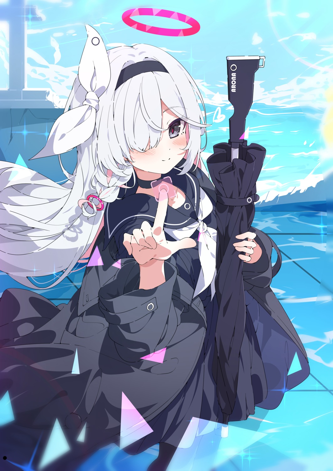 arona_(blue_archive), blue_archive, gun, halo, hua-huahua, plana_(blue_archive), seifuku, umbrella