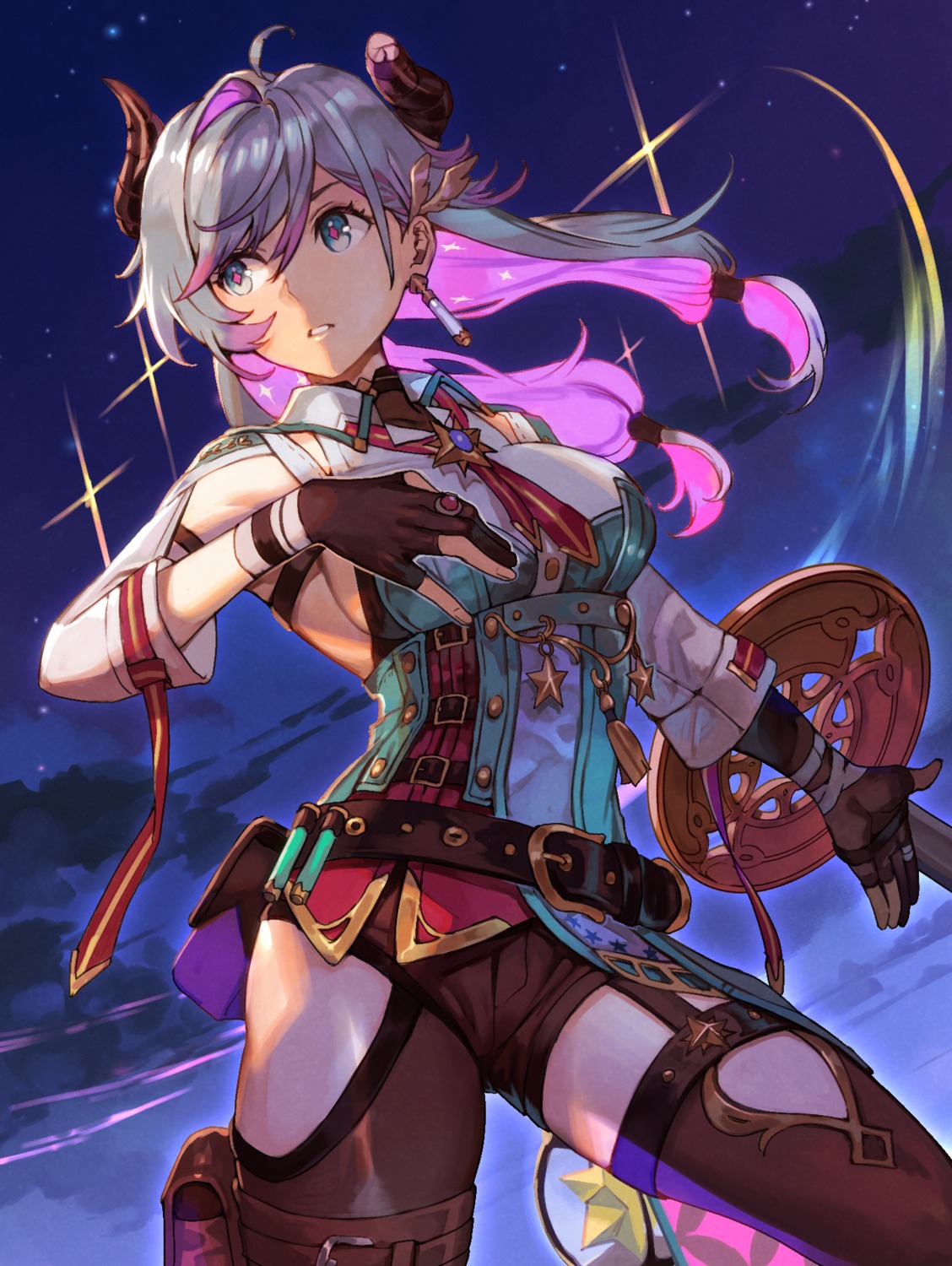atelier, atelier_resleriana, bandages, garter, horns, hungry_clicker, stockings, thighhighs, valeria_(atelier), weapon