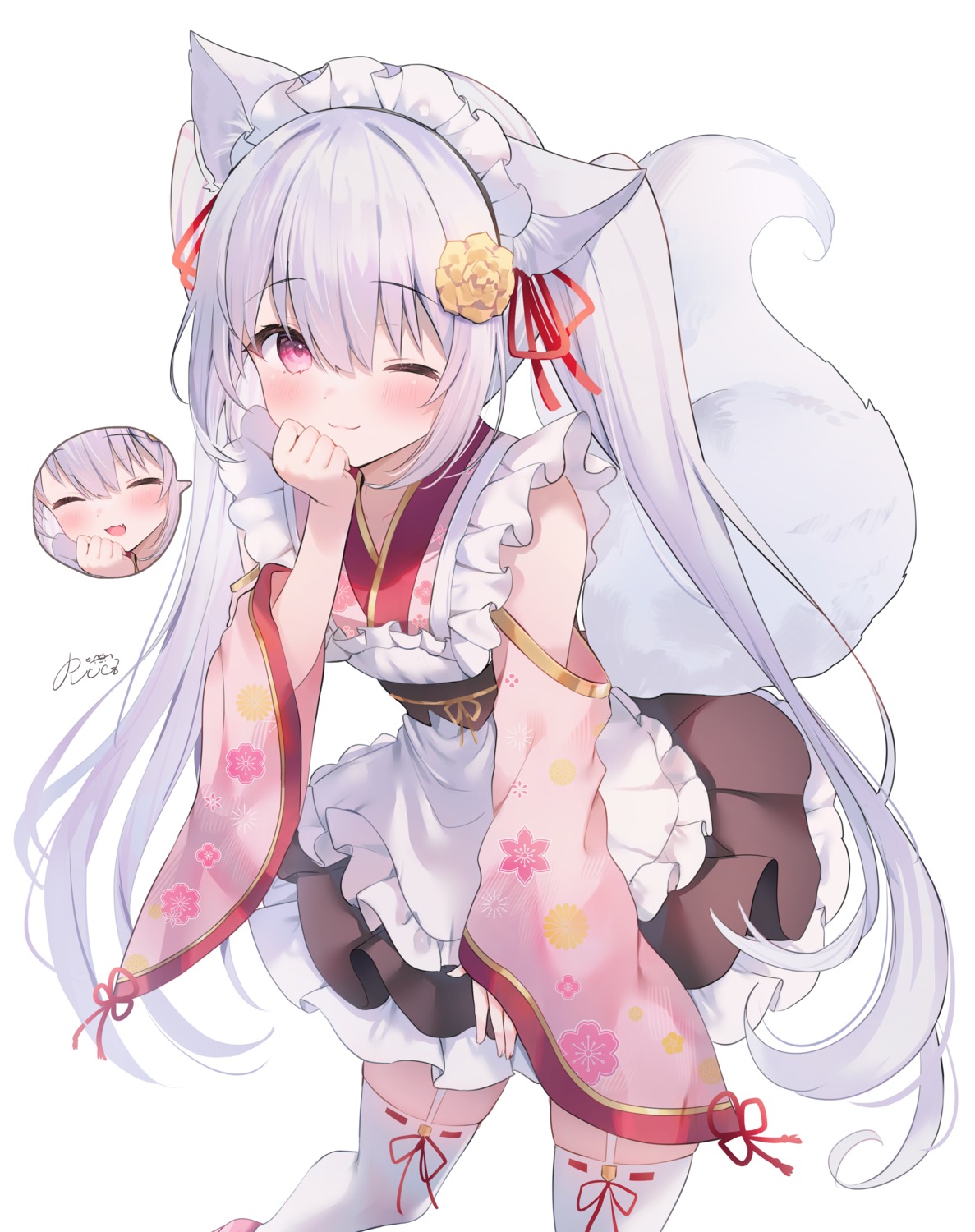 animal_ears, inari_hinano, indie_virtual_youtuber, kitsune, maid, rucaco, stockings, tail