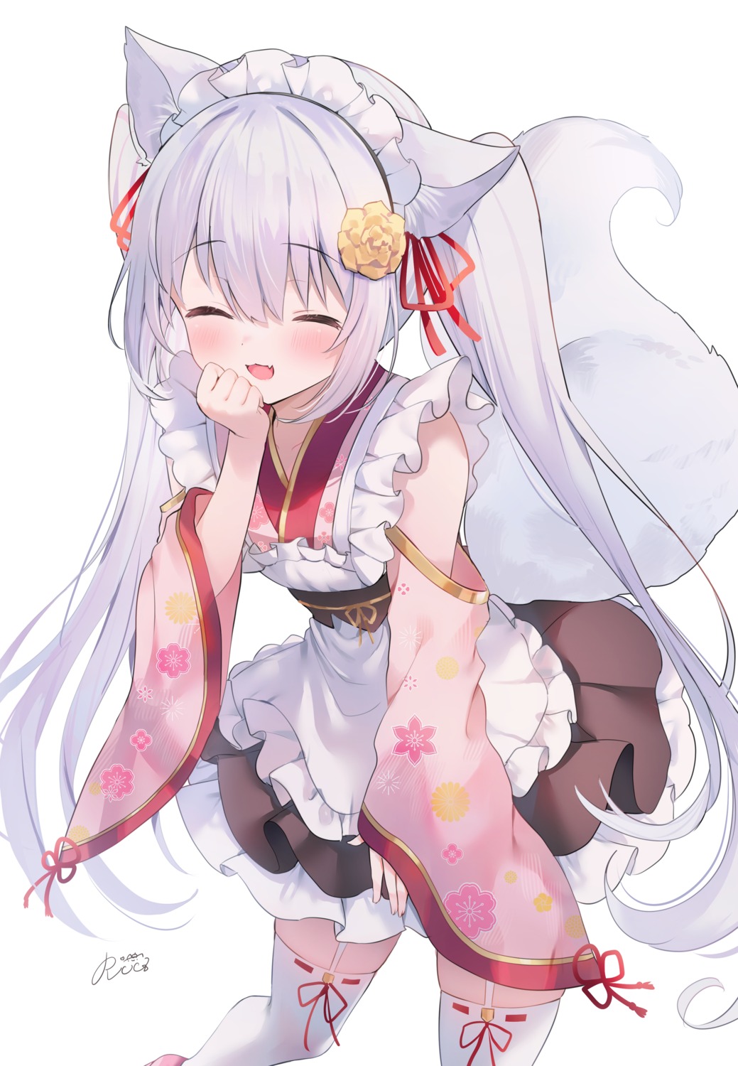 animal_ears, inari_hinano, indie_virtual_youtuber, kitsune, maid, rucaco, stockings, tail, thighhighs, wa_maid