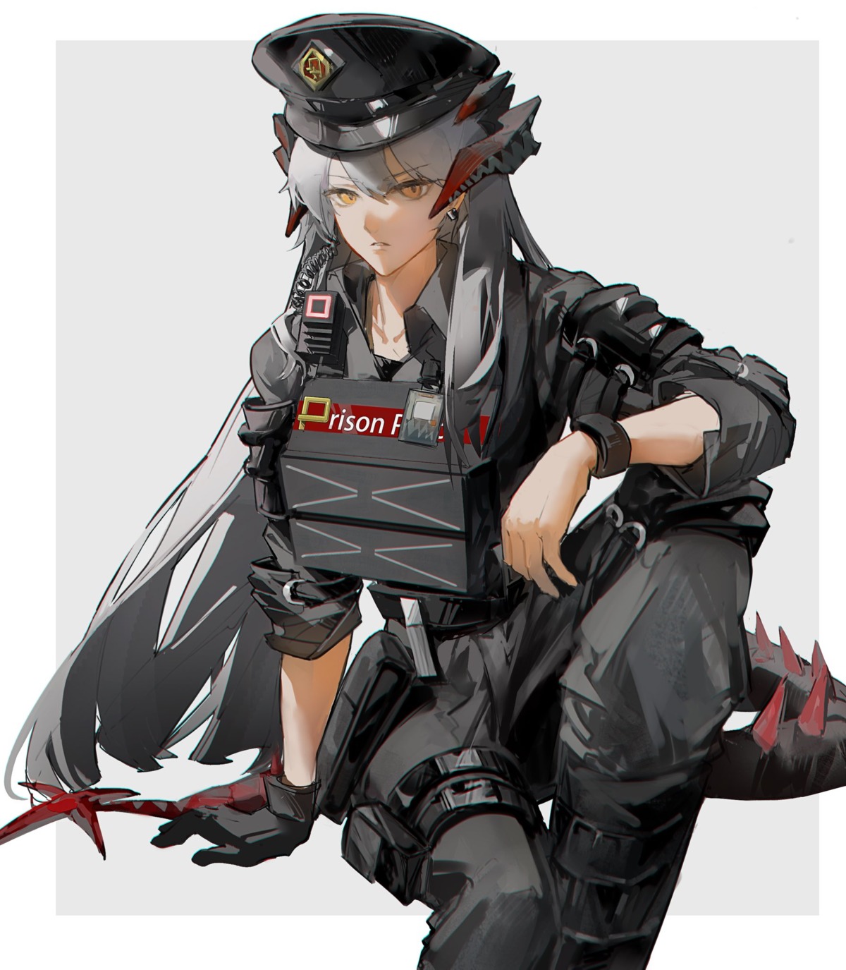 arknights, garter, horns, police_uniform, saria_(arknights), tail, z_shuidao