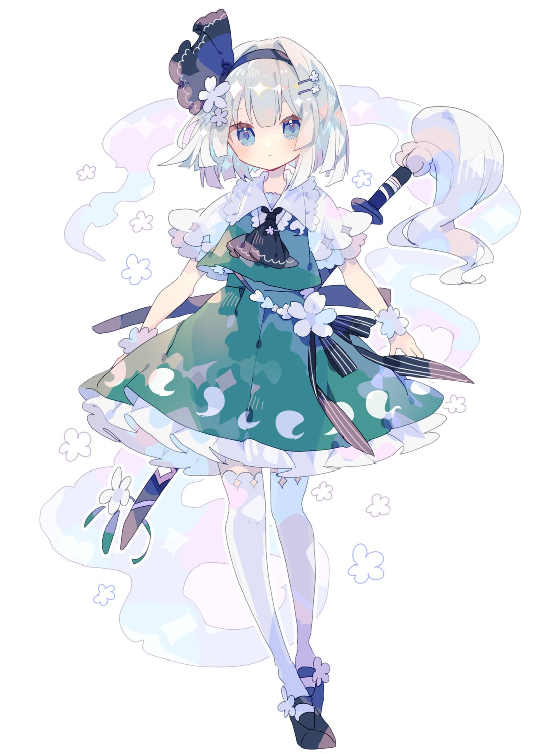 konpaku_youmu, myon, niko_rashika, seifuku, skirt_lift, sword, thighhighs, touhou