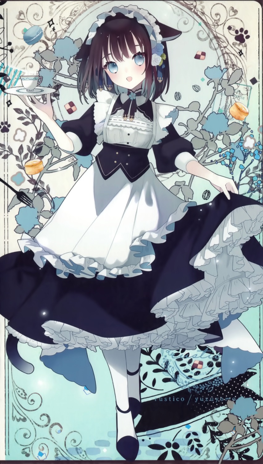 animal_ears, maid, nekomimi, pantyhose, rustico, skirt_lift, tail, yuzuyomogi