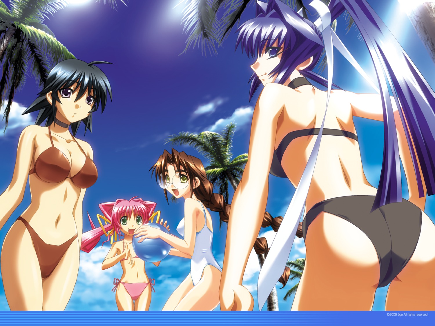 ass, ayamine_kei, bou, cleavage, megane, mitsurugi_meiya, muv-luv, muv-luv_alternative, sakaki_chizuru, swimsuits, tamase_miki, wallpaper