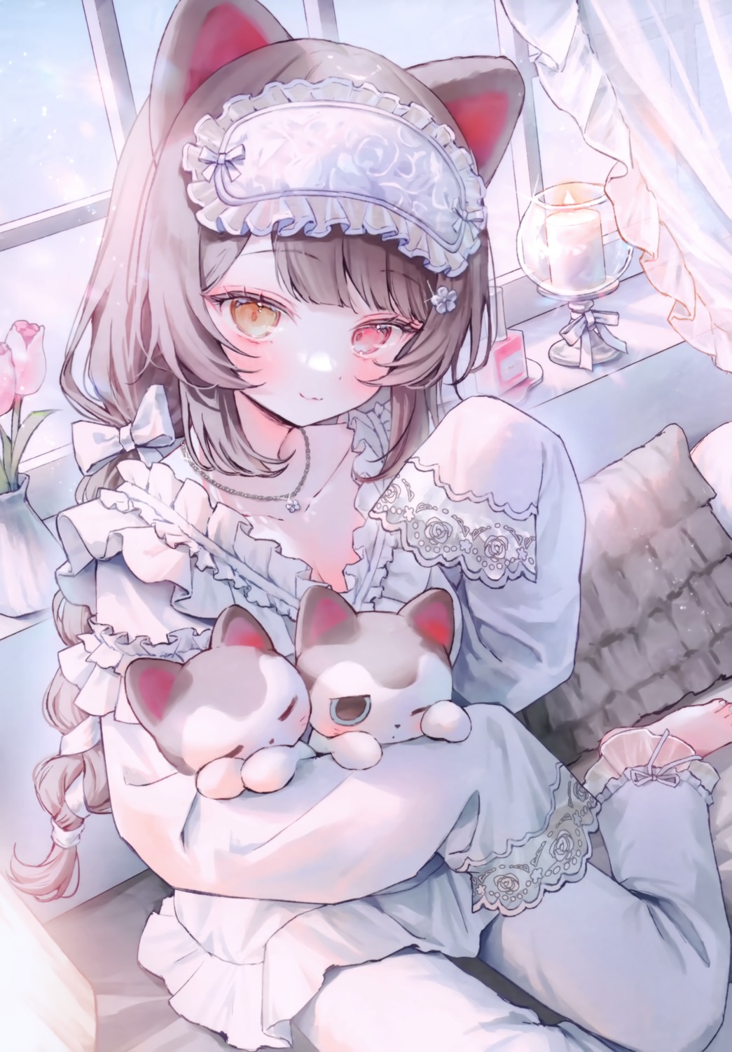 animal_ears, cleavage, heterochromia, inui_toko, inumimi, nijisanji, pajama, shiromi_nimi