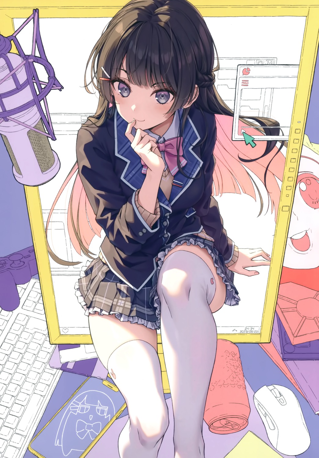 777-arts, nablack, nijisanji, seifuku, skirt_lift, sweater, thighhighs, tsukino_mito