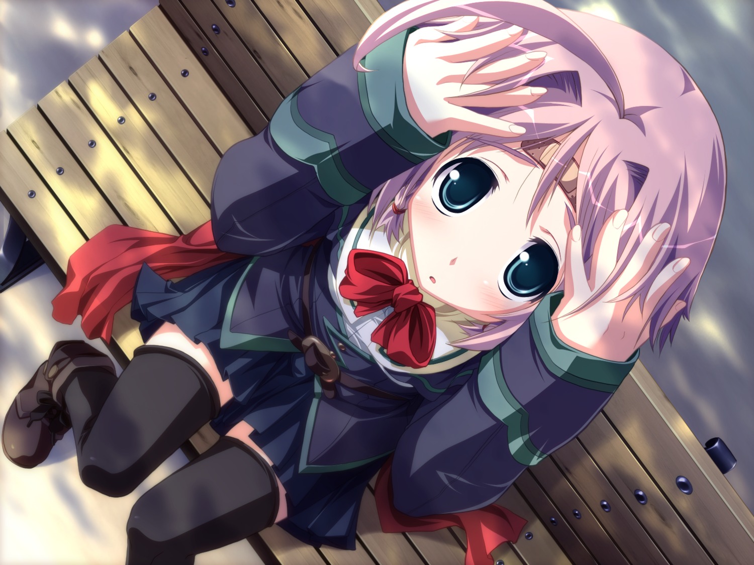 bandaid, game_cg, kurushima_shiho, seifuku, shirogane_no_soleil, skyfish, thighhighs, tsurugi_hagane