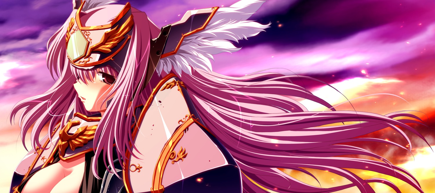 armor, cleavage, game_cg, hagall_valkyrie, shirogane_no_soleil, skyfish, tsurugi_hagane, wings
