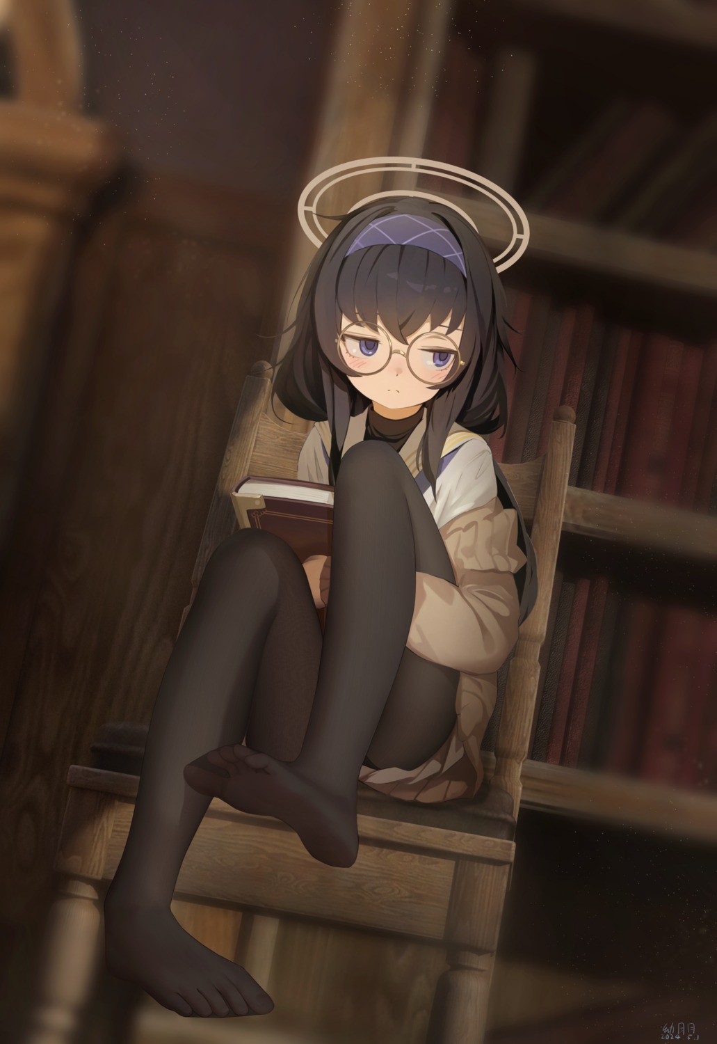 blue_archive, feet, halo, kozeki_ui, megane, pantyhose, seifuku, skirt_lift