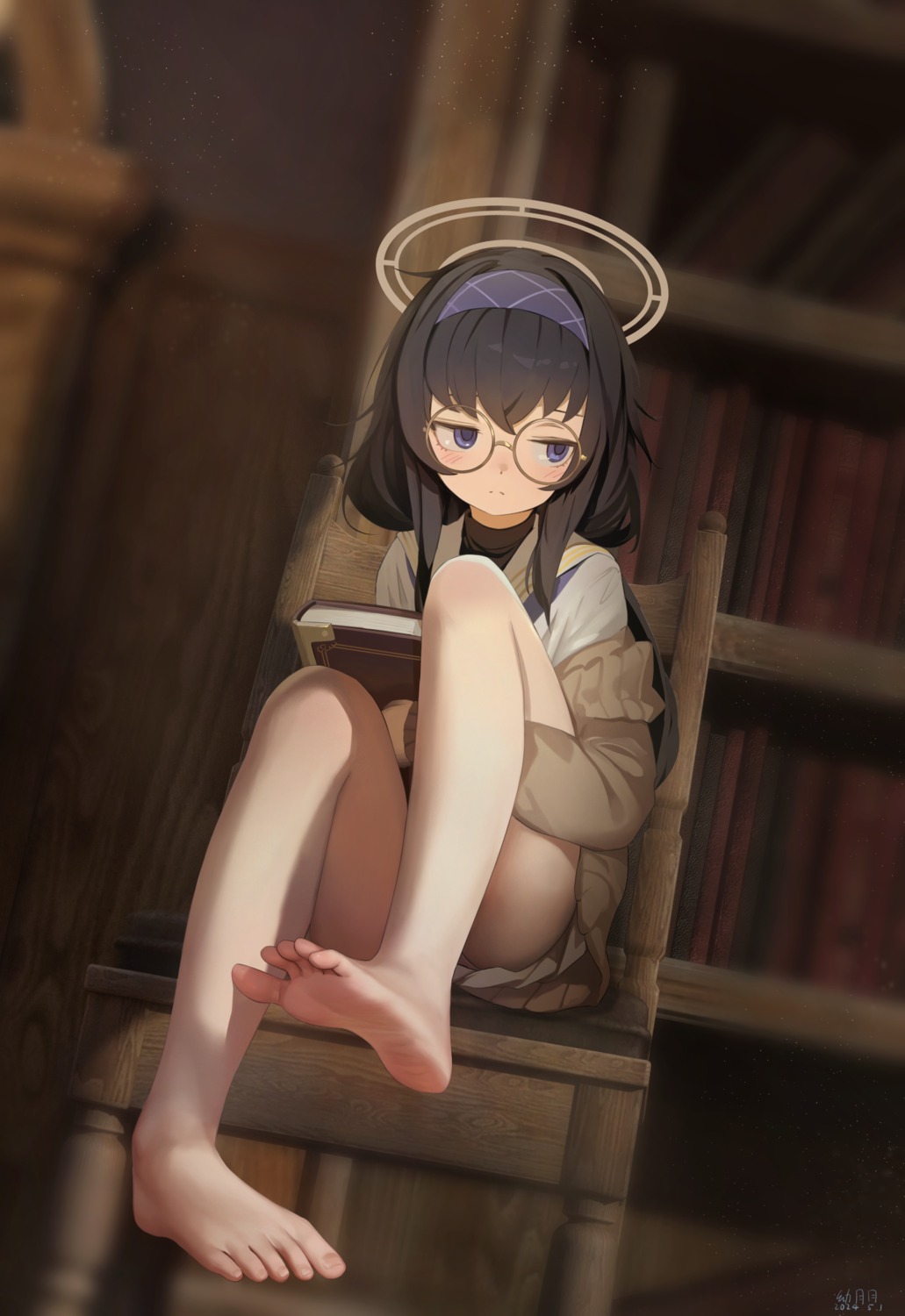 blue_archive, feet, halo, kozeki_ui, megane, seifuku, skirt_lift, sweater, youyueyue