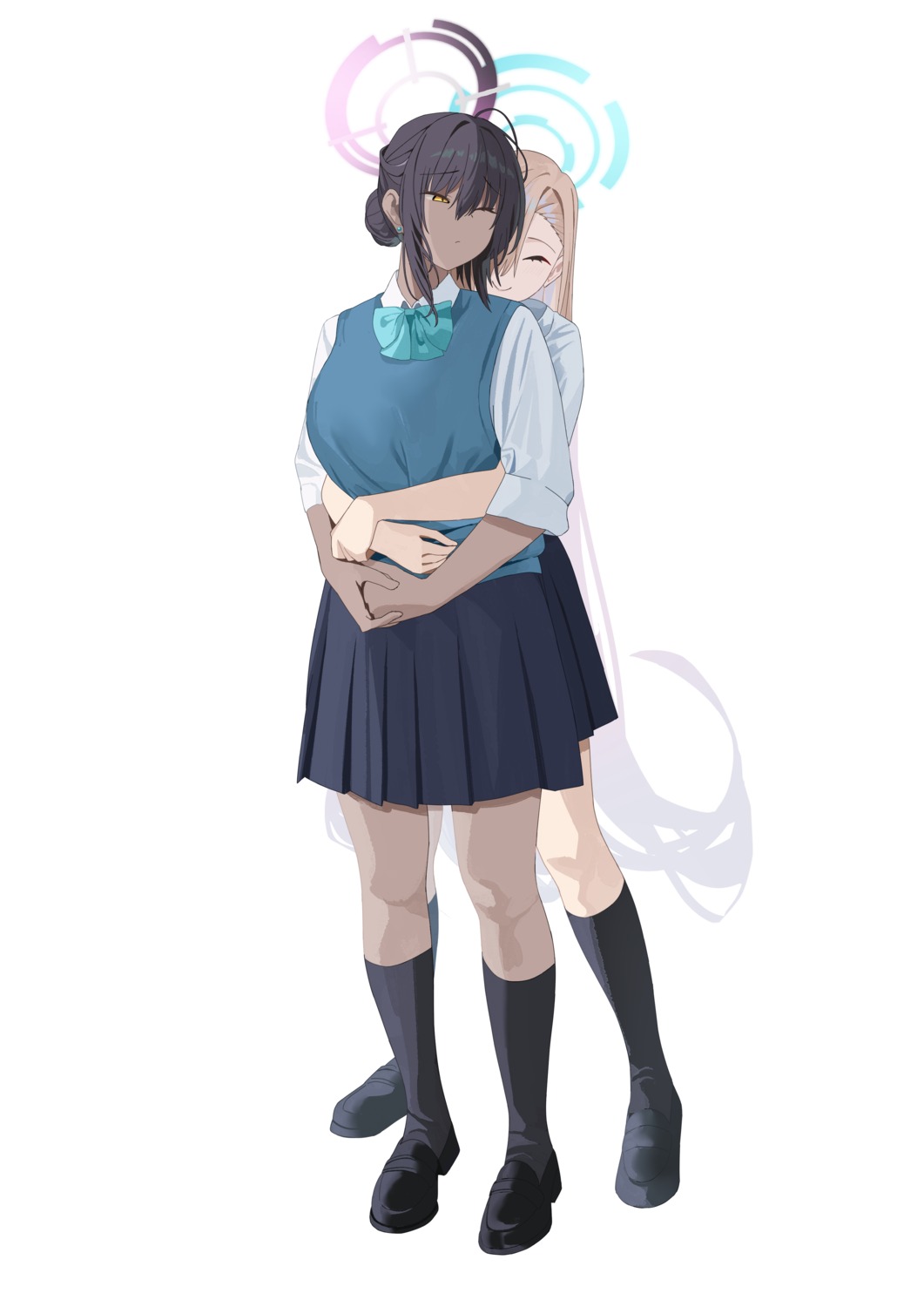 blue_archive, halo, ichinose_asuna, kakudate_karin, seifuku, sweater, tnr_(horiko1525), yuri