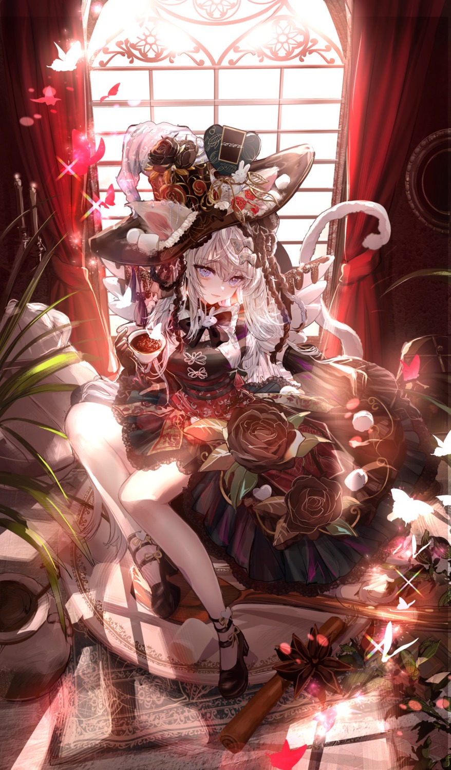 animal_ears, dress, gothic_lolita, heels, komorihikki, lolita_fashion, nekomimi, tail, witch