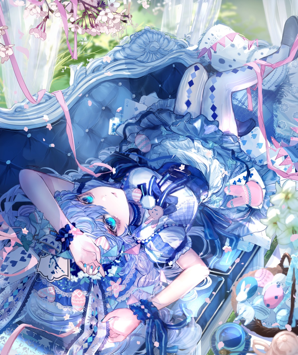 alice, alice_in_wonderland, animal_ears, bunny_ears, komorihikki, pantyhose, skirt_lift