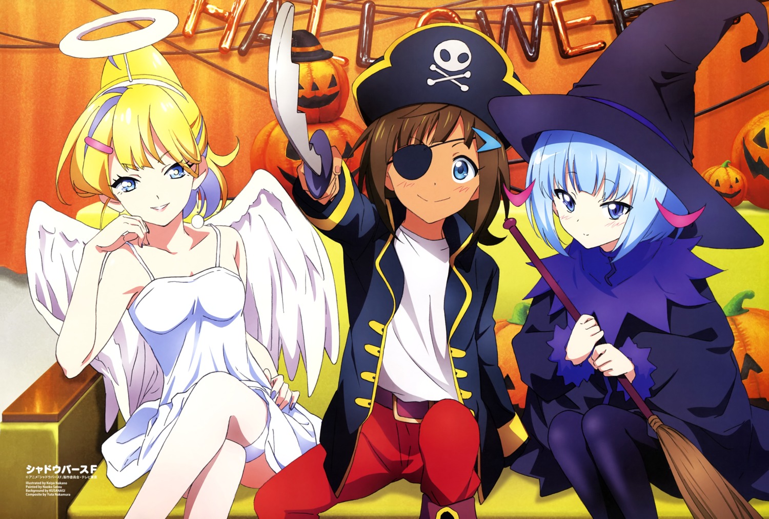angel, dress, eyepatch, garter, halloween, kazamatsuri_ren, nakano_keiya, otosaka_shion, pantyhose, pirate, shadowverse, skirt_lift, sword, takanashi_tsubasa, wings, witch