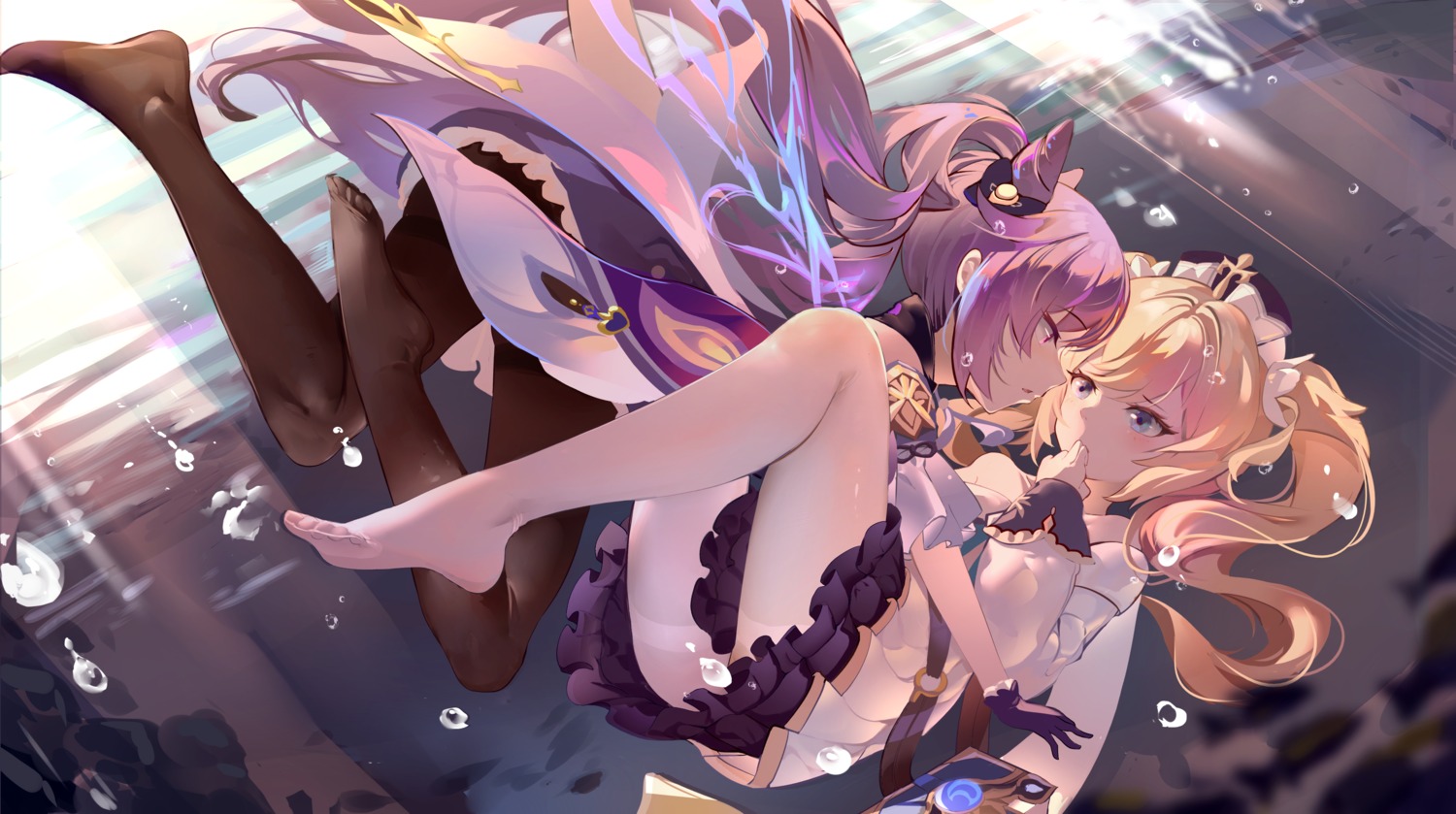 asian_clothes, barbara_(genshin_impact), dress, feet, genshin_impact, keqing, no_bra, pantyhose, skirt_lift, xiaoshan_jiang, yuri