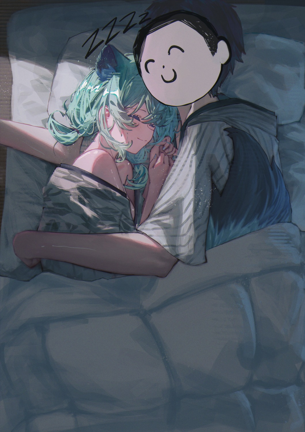 animal_ears, betabeet, blue_archive, mayoi_shigure, no_bra, open_shirt, sheets, yukata