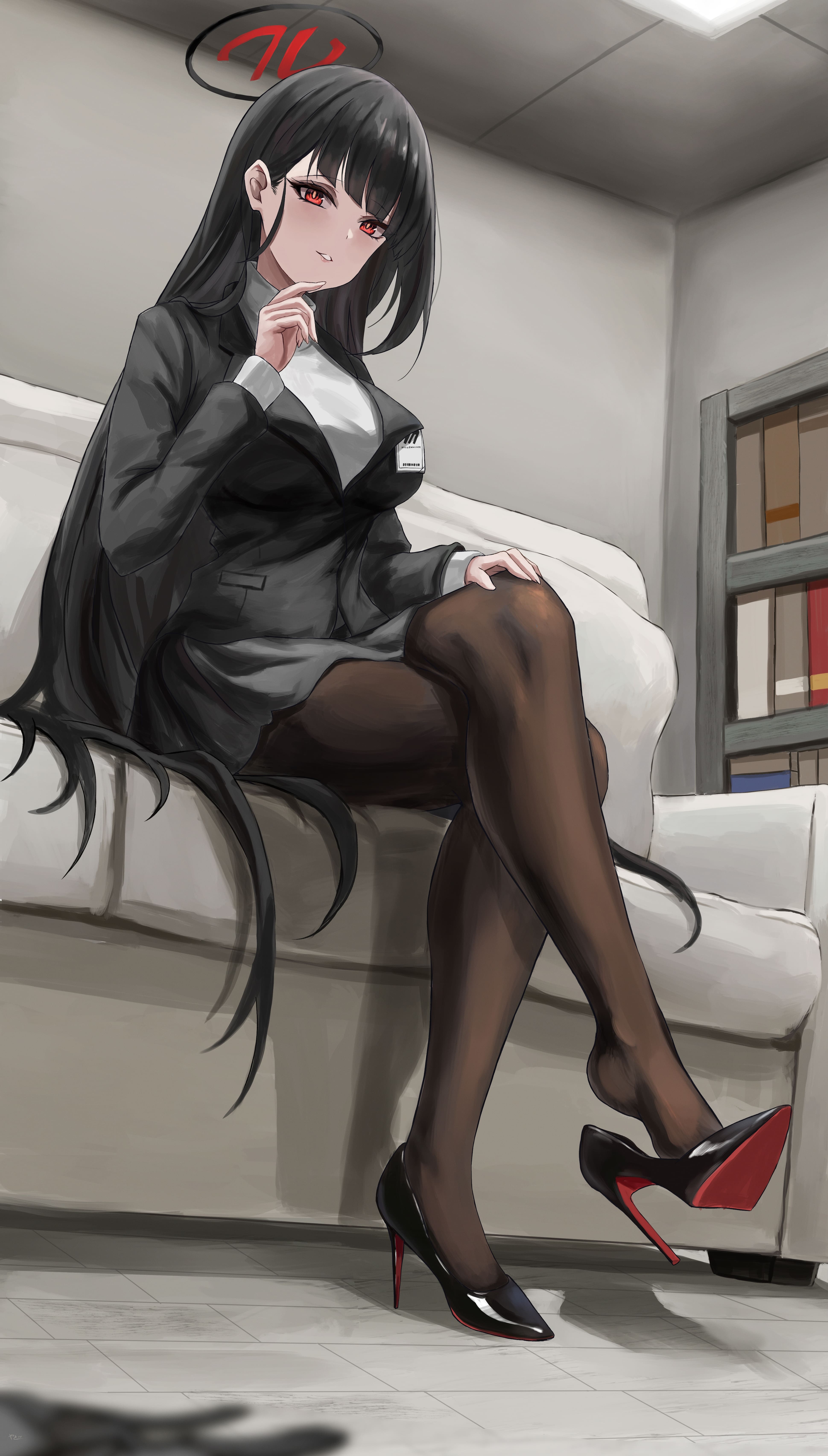 blue_archive, business_suit, halo, heels, pantyhose, sweater, tsukatsuki_rio, yato_(yama0x1)