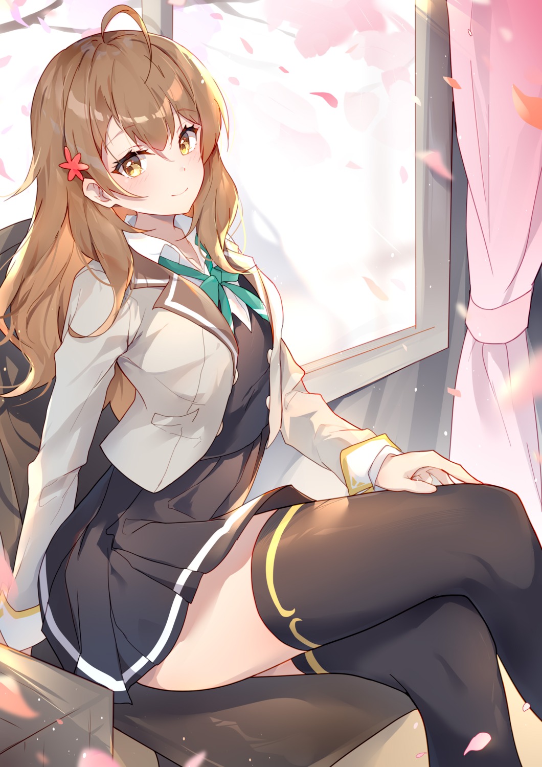 kaga_mi, mariya_mikhailovna_kujou, seifuku, skirt_lift, thighhighs, tokidoki_bosotto_russia-go_de_dereru_tonari_no_alya-san