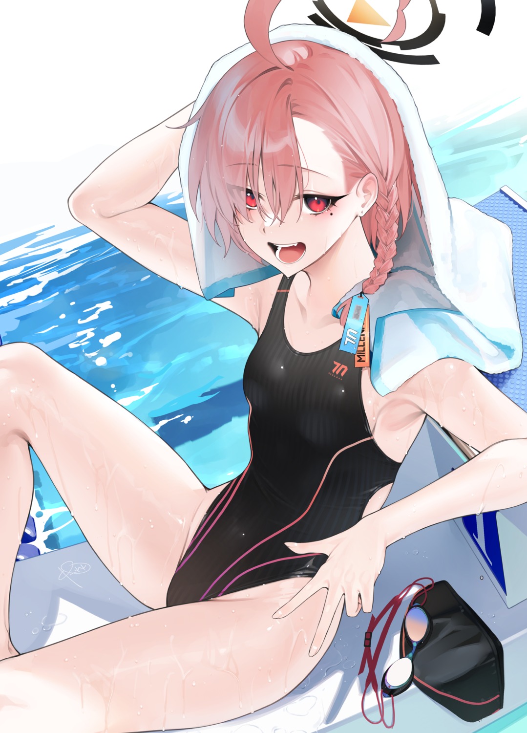 blue_archive, halo, mikamo_neru, rerrere, swimsuits, towel, wet