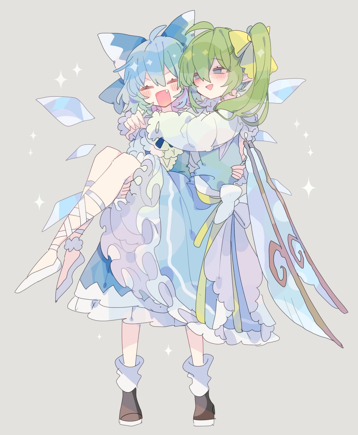 bloomers, cirno, daiyousei, dress, niko_rashika, pointy_ears, skirt_lift, touhou