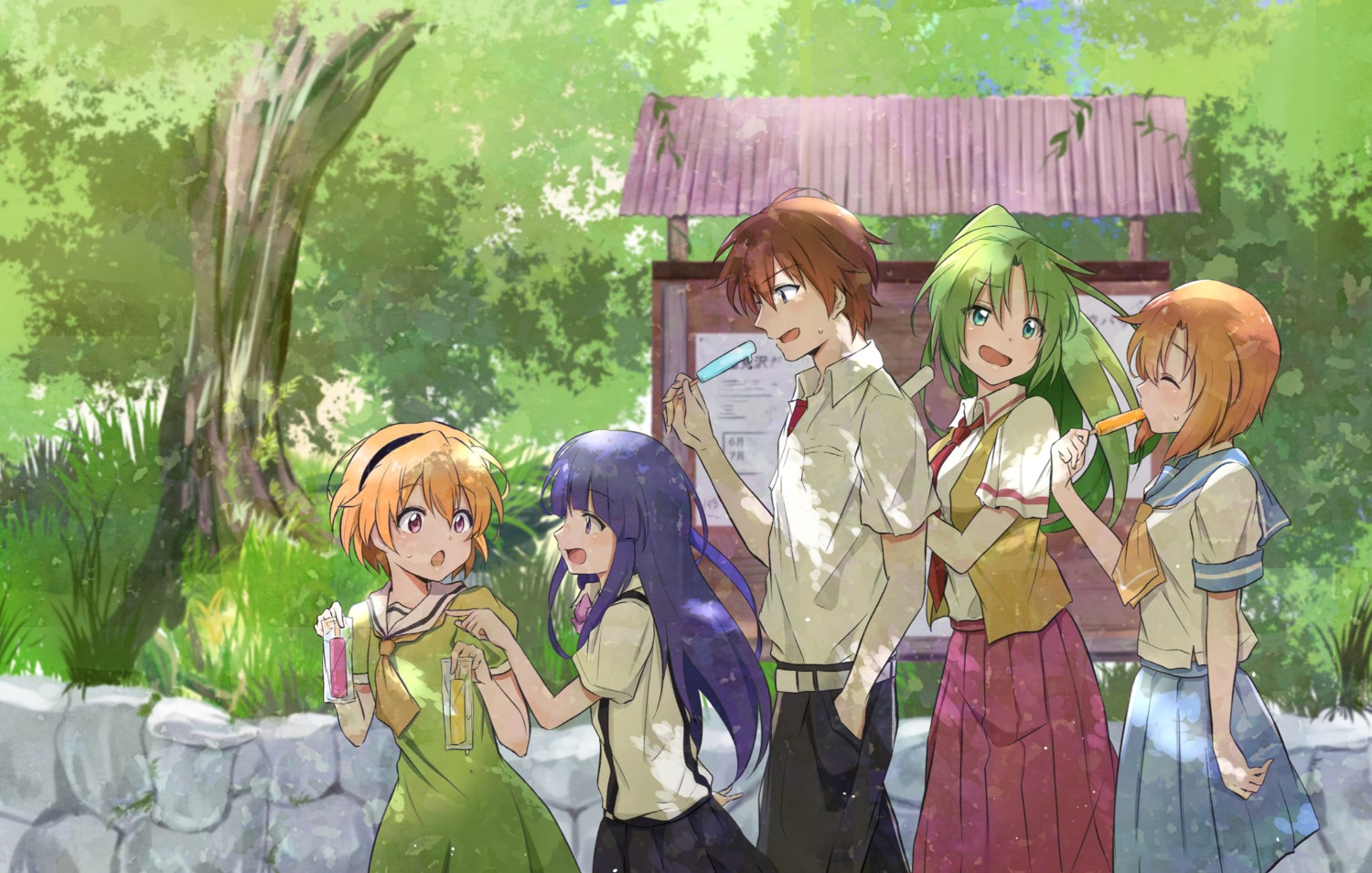 dress, furude_rika, higurashi_no_naku_koro_ni, houjou_satoko, maebara_keiichi, ryuuguu_rena, seifuku, shosudo, sonozaki_mion