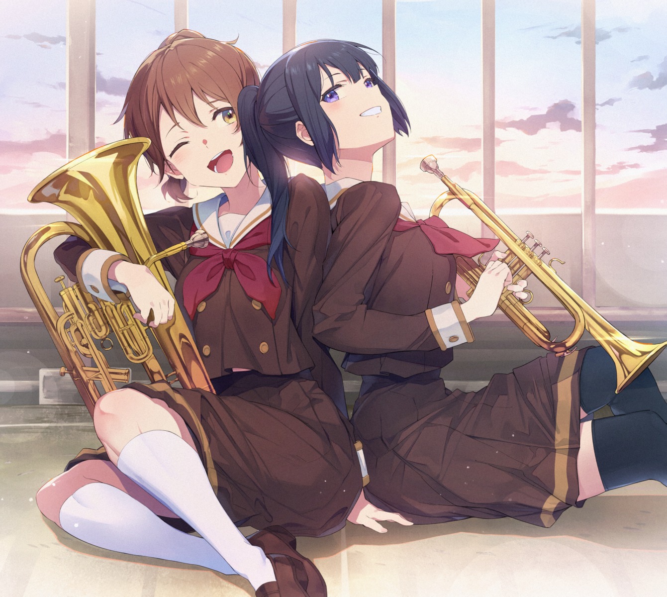 3s_(tarariko), hibike!_euphonium, kousaka_reina, oumae_kumiko, seifuku, thighhighs, yuri
