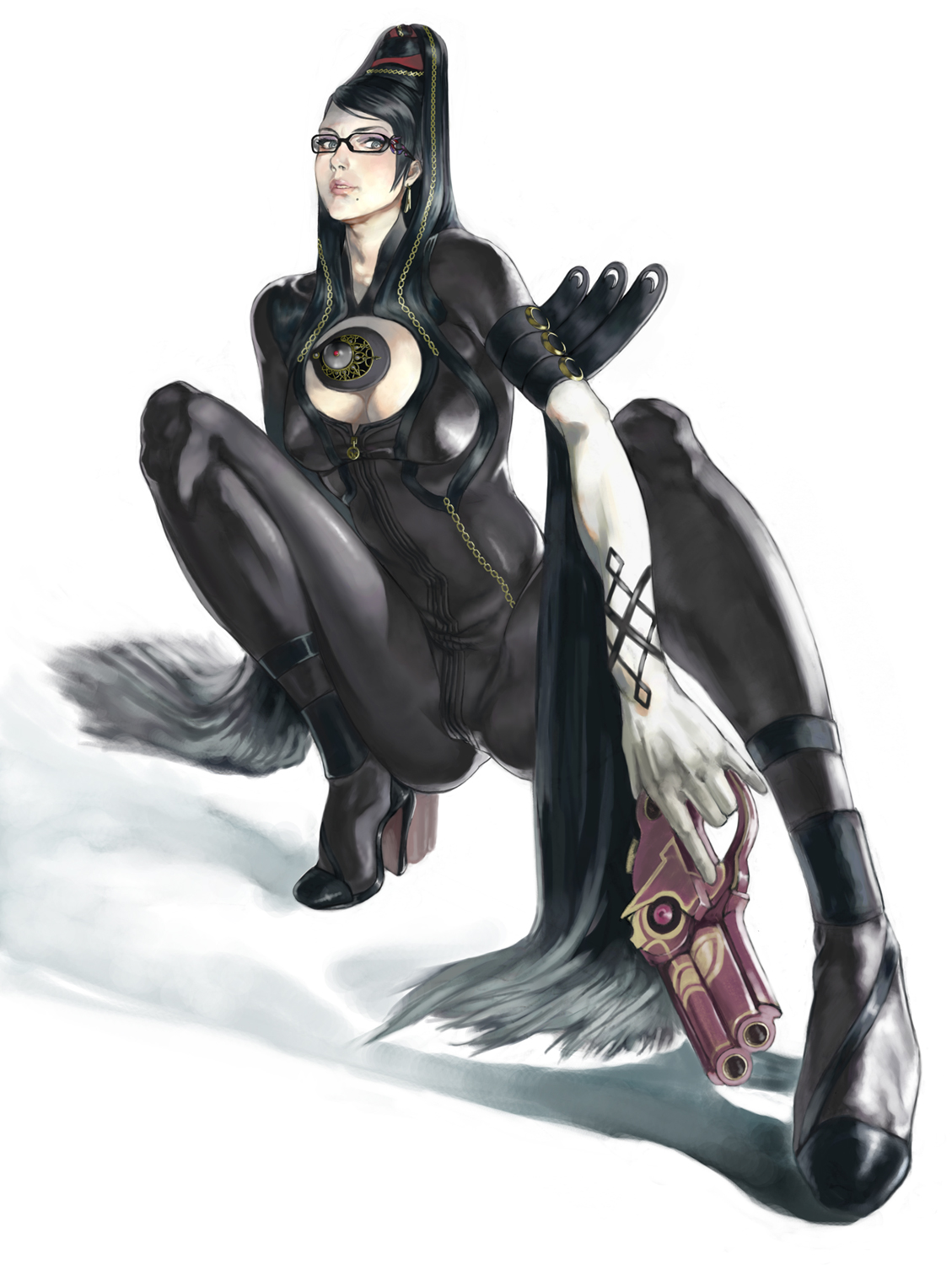 bayonetta, bayonetta_(character), bodysuit, cleavage, gun, heels, kazakami_yuu, megane