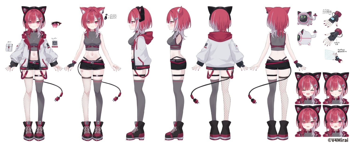 animal_ears, character_design, expression, fishnets, garter, headphones, hoshi, lyko_lianna, nekomimi, tail, tattoo, thighhighs, v4mirai