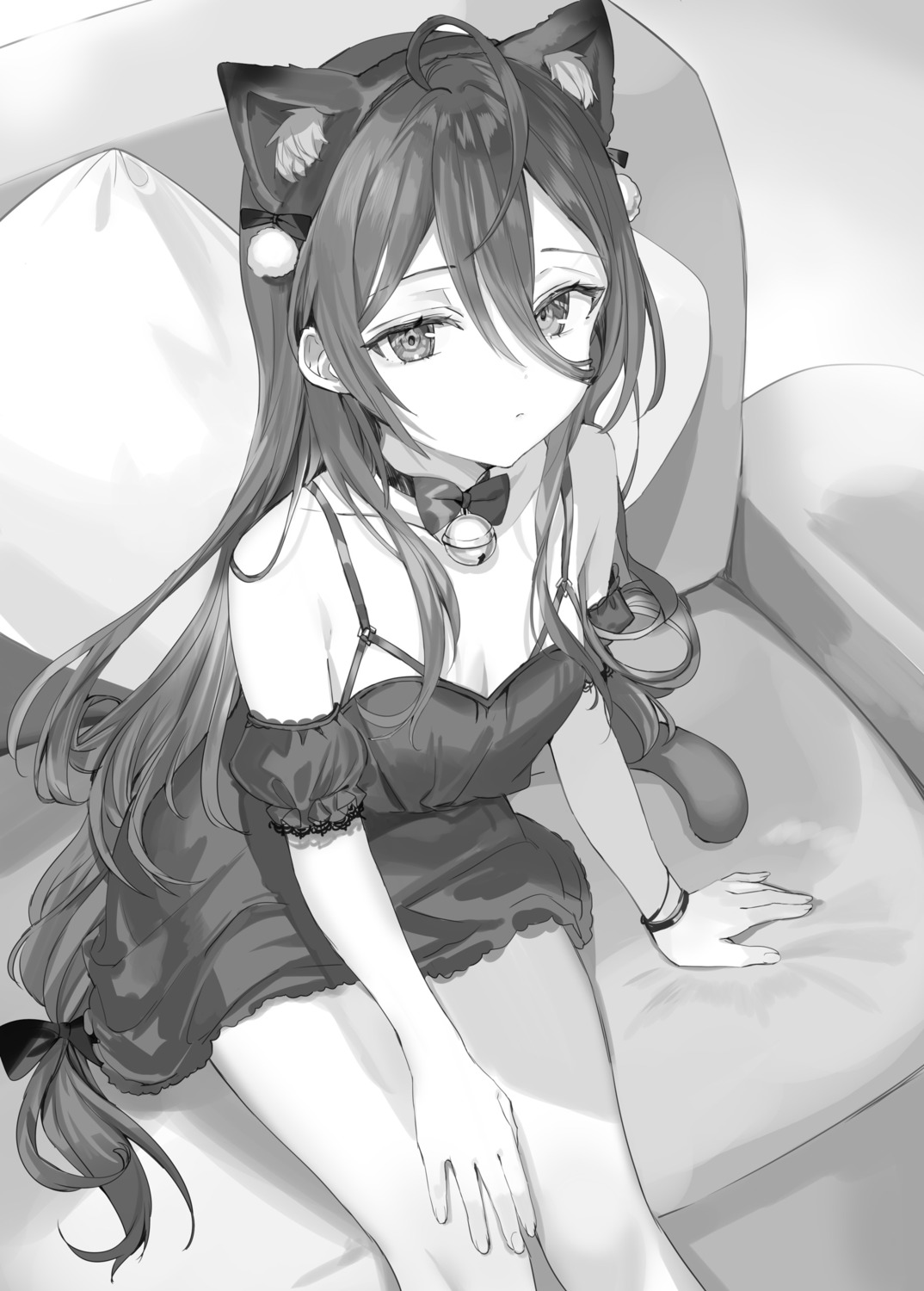 animal_ears, dress, kimishima_ayano, momoko_(momopoco), monochrome, nekomimi, tail, tokidoki_bosotto_russia-go_de_dereru_tonari_no_alya-san