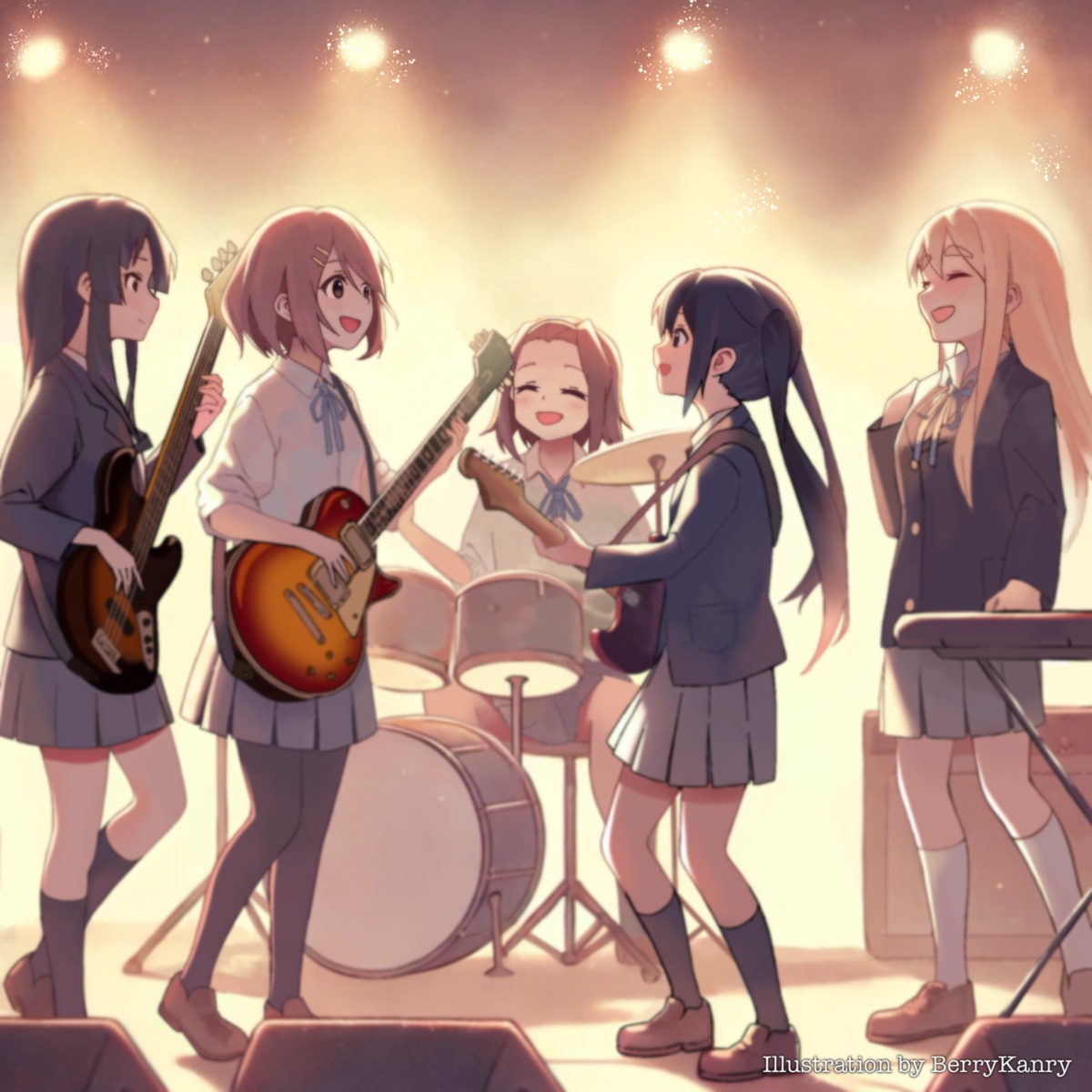akiyama_mio, berrykanry, guitar, hirasawa_yui, k-on!, kotobuki_tsumugi, nakano_azusa, pantyhose, seifuku, tainaka_ritsu