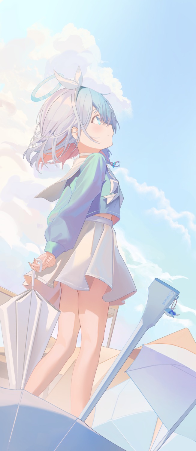 arona_(blue_archive), blue_archive, gun, halo, iv_(iv70311741), seifuku, skirt_lift, umbrella
