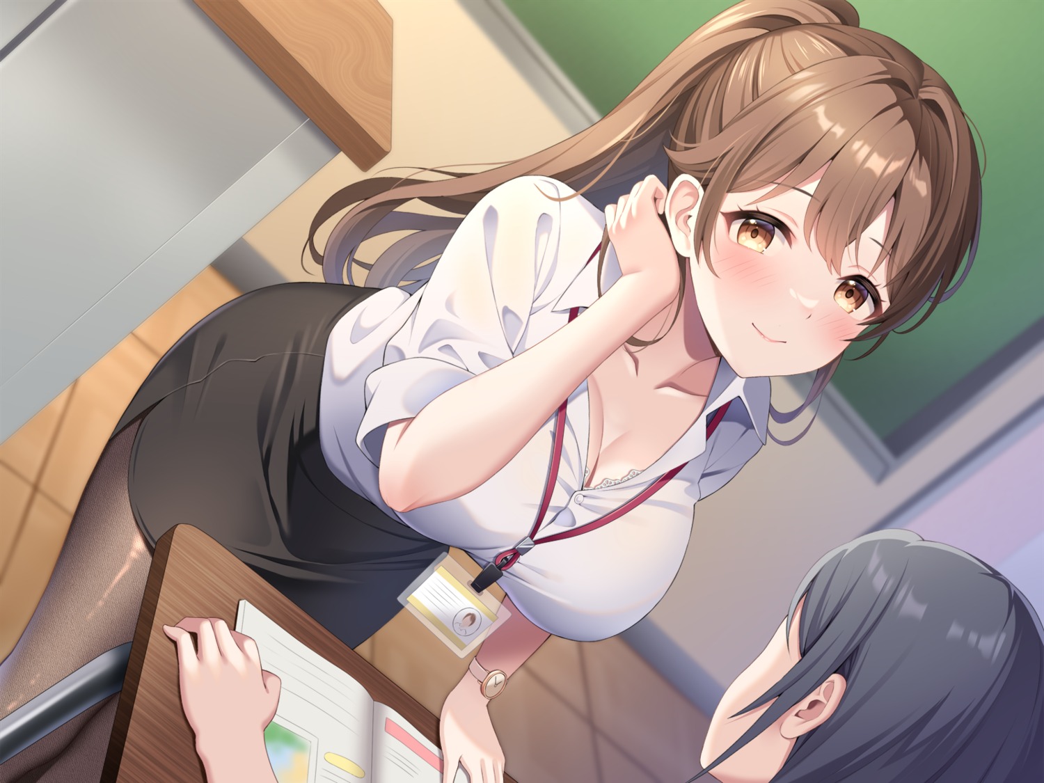 bra, cleavage, dress_shirt, open_shirt, pantyhose, suzumia_(daydream), wallpaper