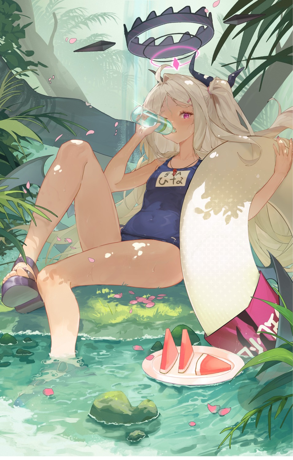 blue_archive, devil, halo, horns, school_swimsuit, sorasaki_hina, super_h2o, swimsuits, wet, wings