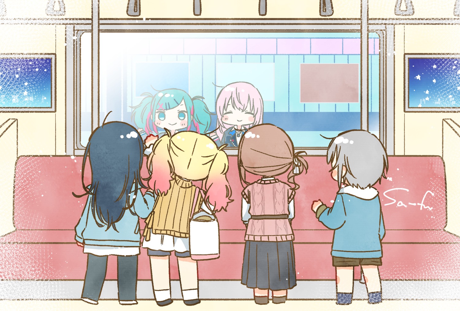 chibi, hatsune_miku, hinomori_shiho, hoshino_ichika_(project_sekai), megurine_luka, mochizuki_honami, project_sekai, sa-fu