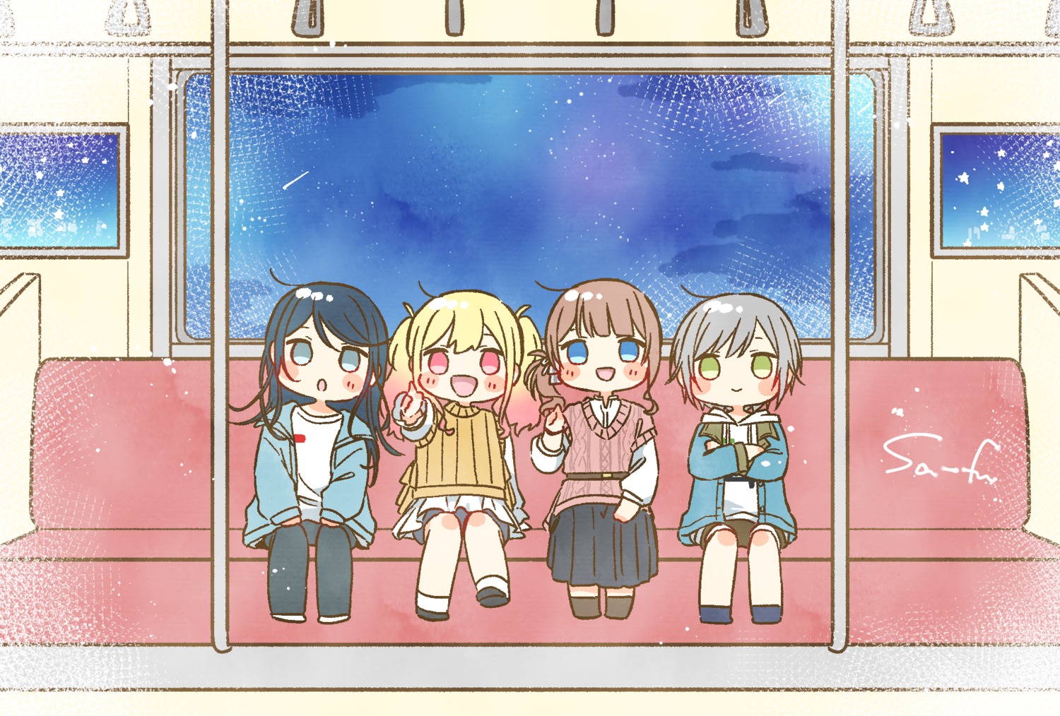chibi, hinomori_shiho, hoshino_ichika_(project_sekai), mochizuki_honami, project_sekai, sa-fu, sweater, tenma_saki