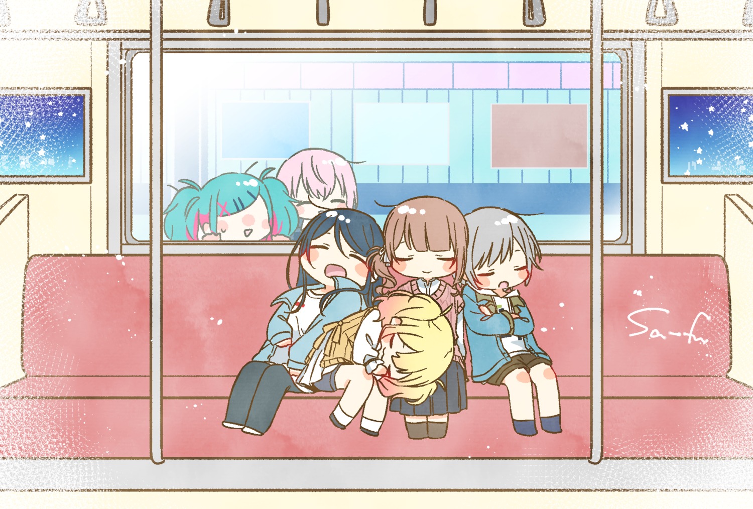 chibi, hatsune_miku, hinomori_shiho, hoshino_ichika_(project_sekai), megurine_luka, mochizuki_honami, project_sekai, sa-fu